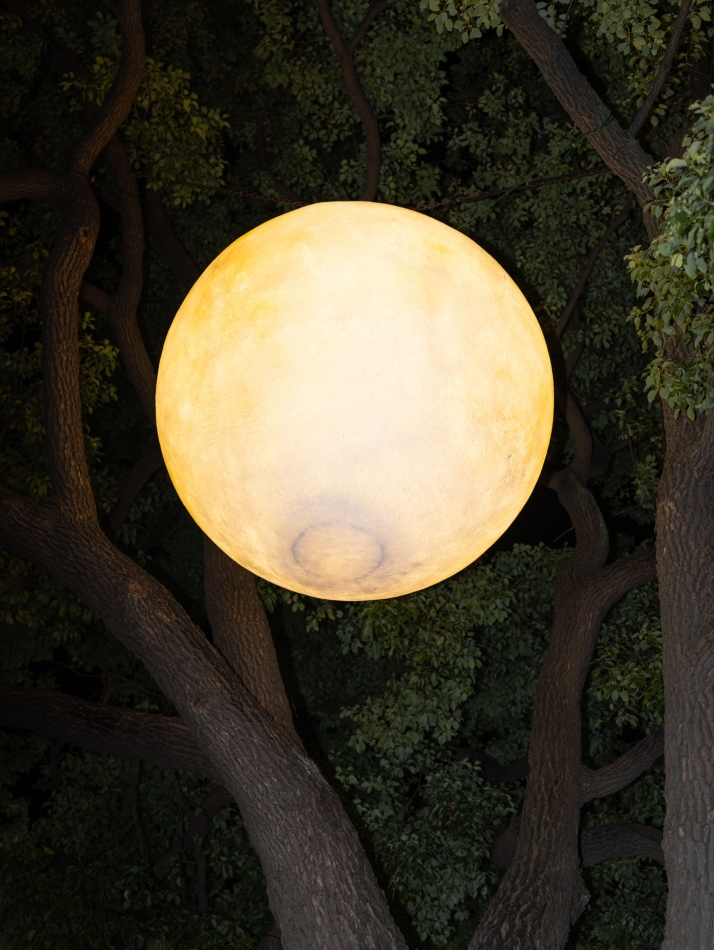 A glowing artificial moon suspended among tree branches