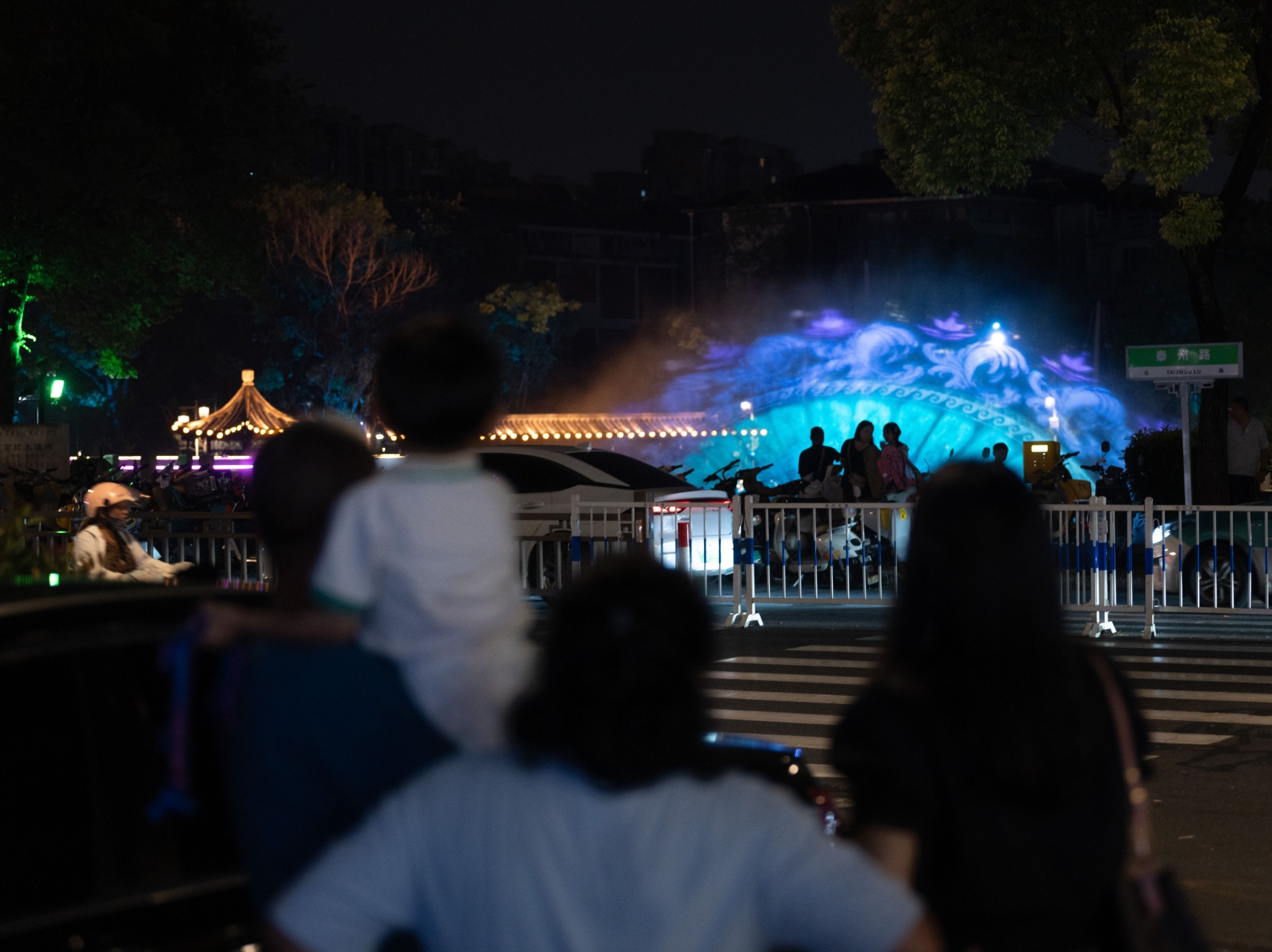Visitors watching a brightly illuminated park landscape