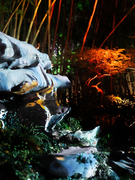 Rocks and foliage lit in saturated colors