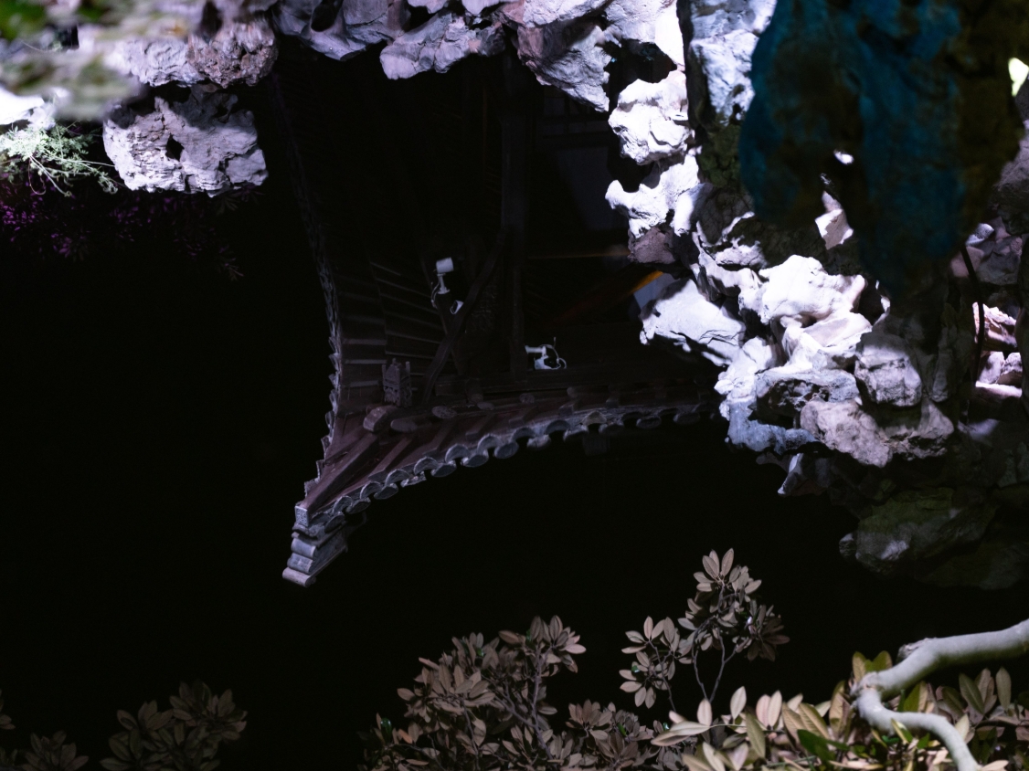 A dark pavilion surrounded by pale blossoms