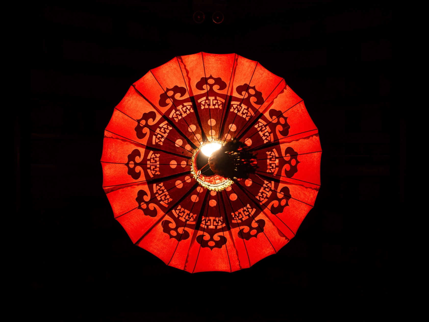 A red patterned lantern glowing against black
