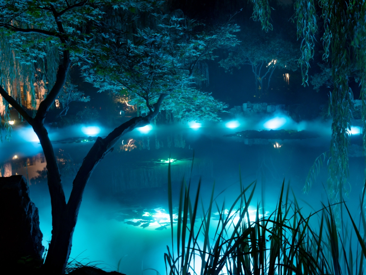 Blue lights suspended across a lake at night