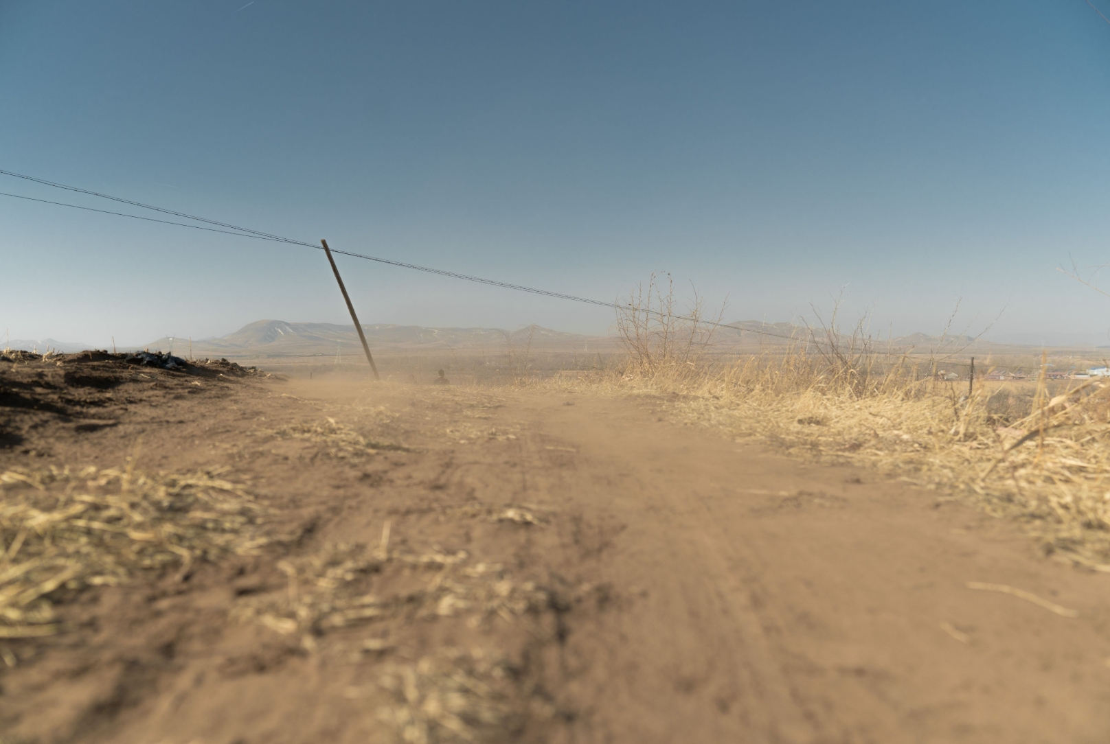 A dry road cutting through farmland