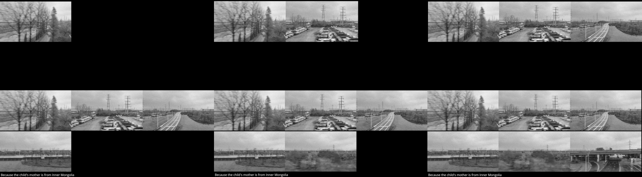 Black and white moving-image stills seen from a train