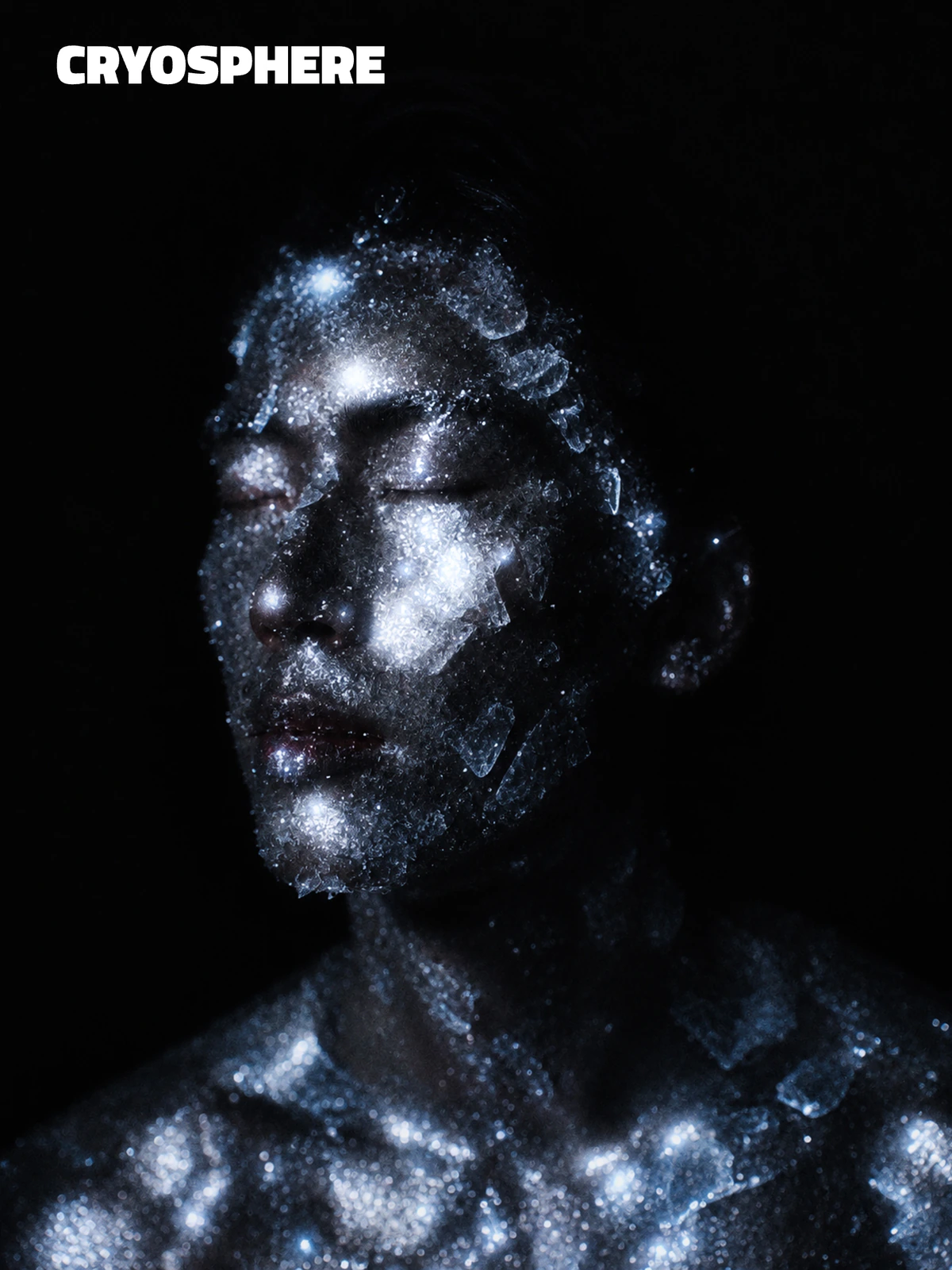 CRYOSPHERE — a face covered in reflective ice against a black background