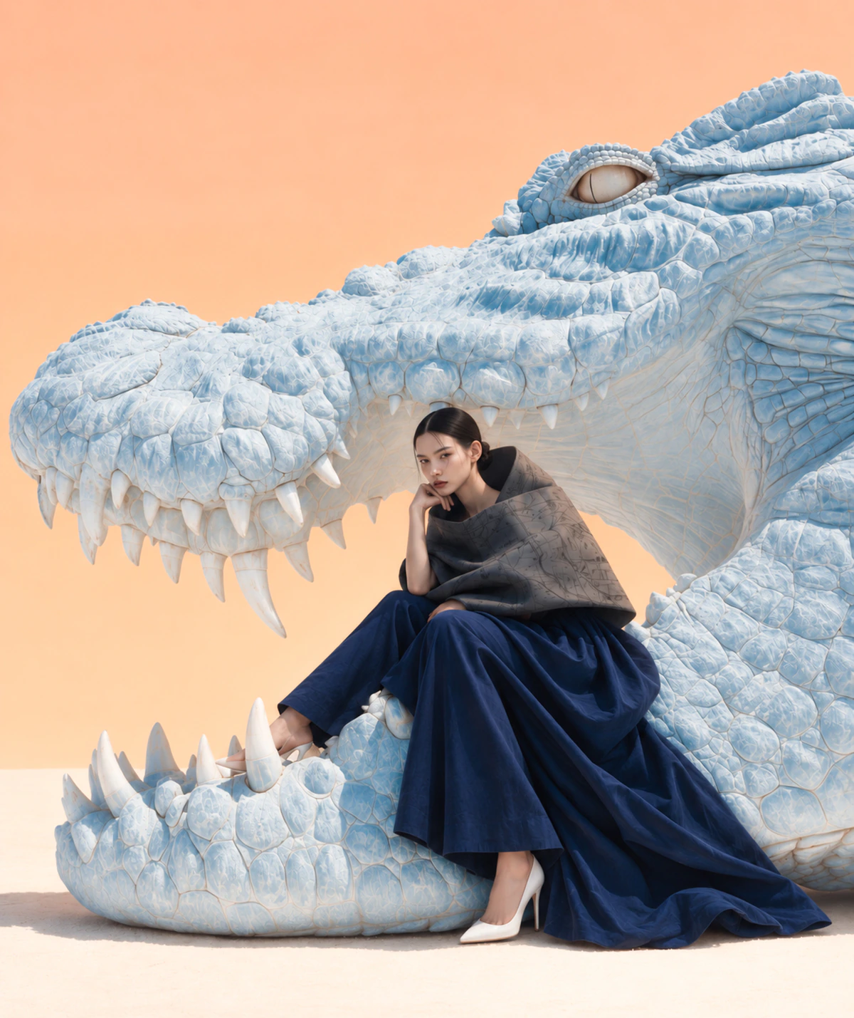 A woman seated inside the jaws of a pale ice dragon