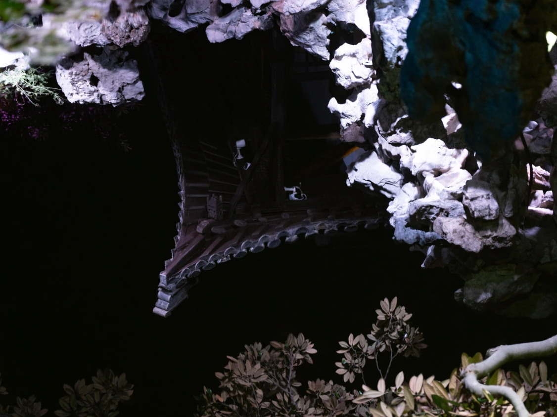 A dark pavilion surrounded by pale blossoms