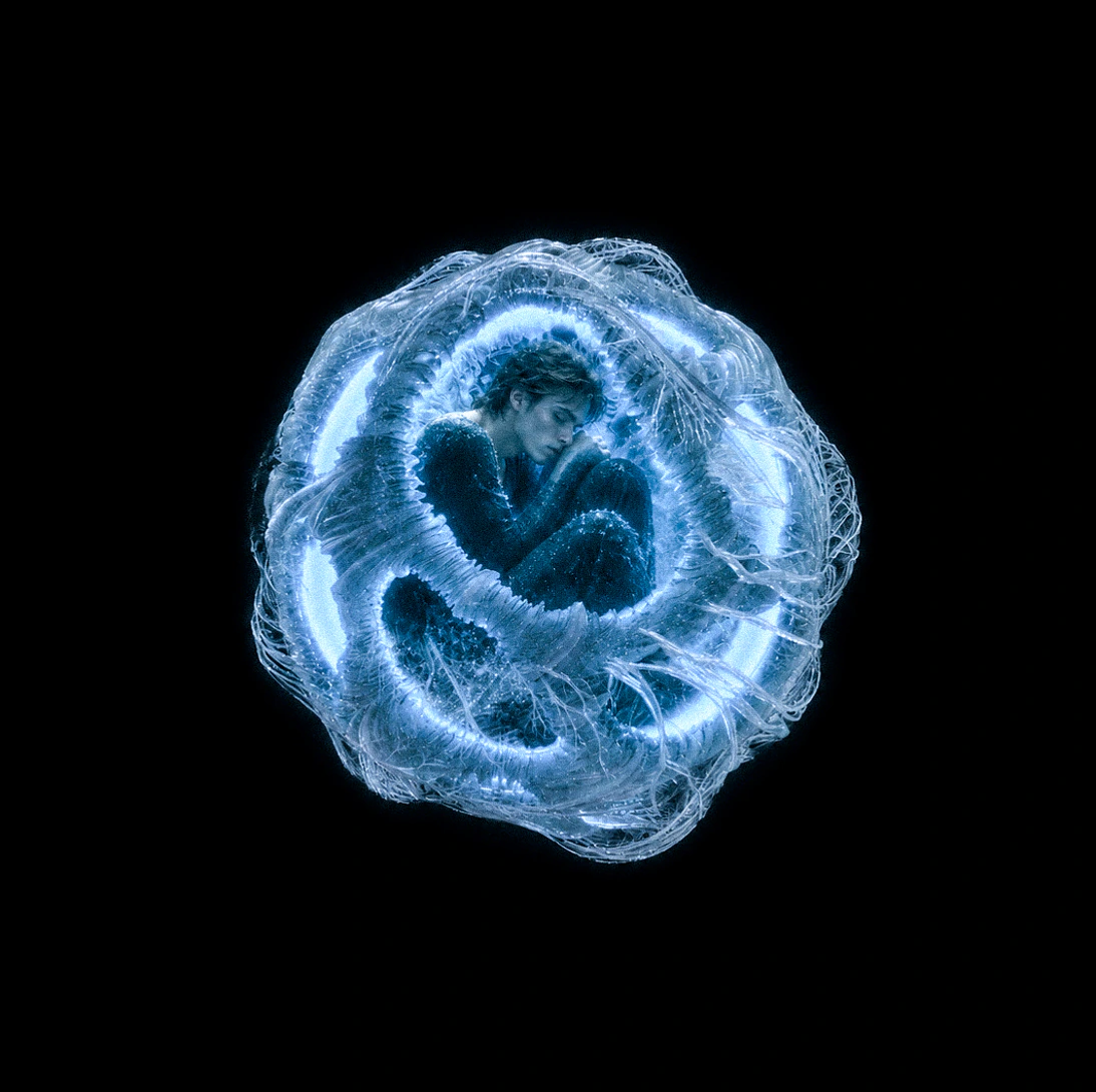 A figure curled inside a luminous ice cocoon