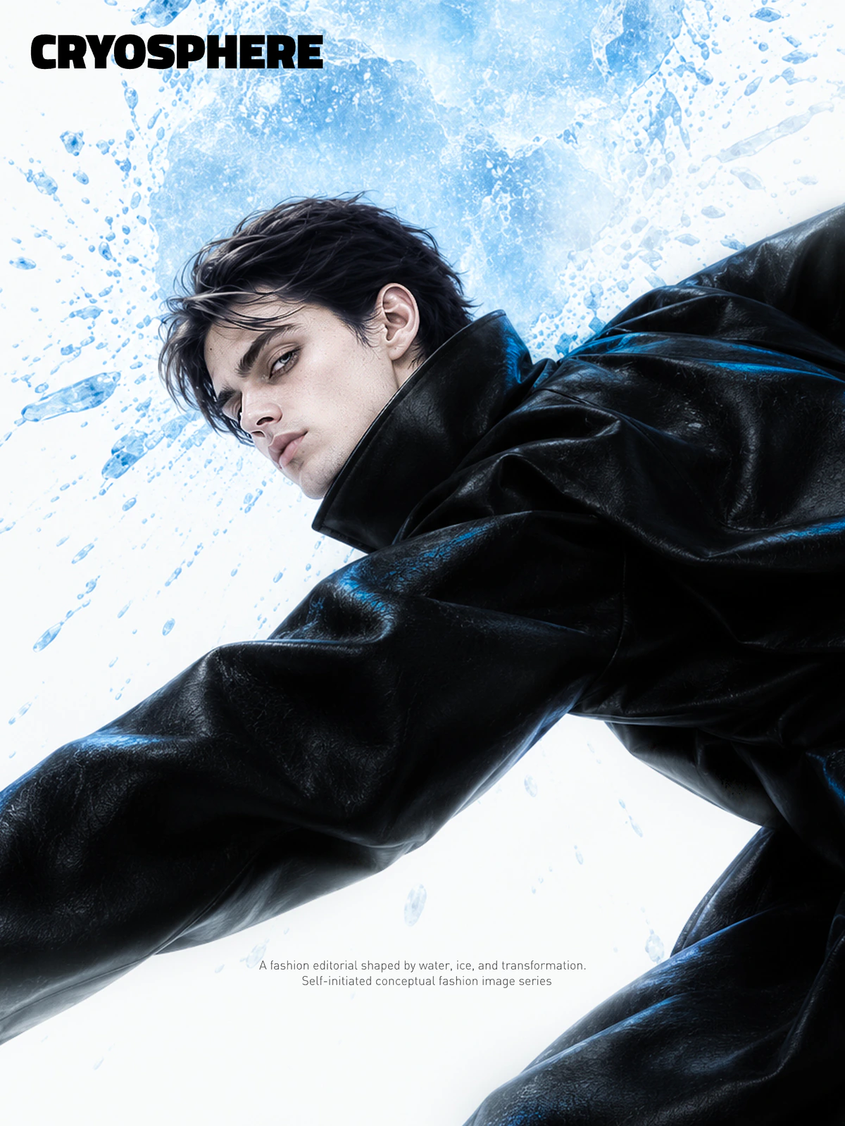 CRYOSPHERE fashion image of a figure surrounded by splashing ice and water