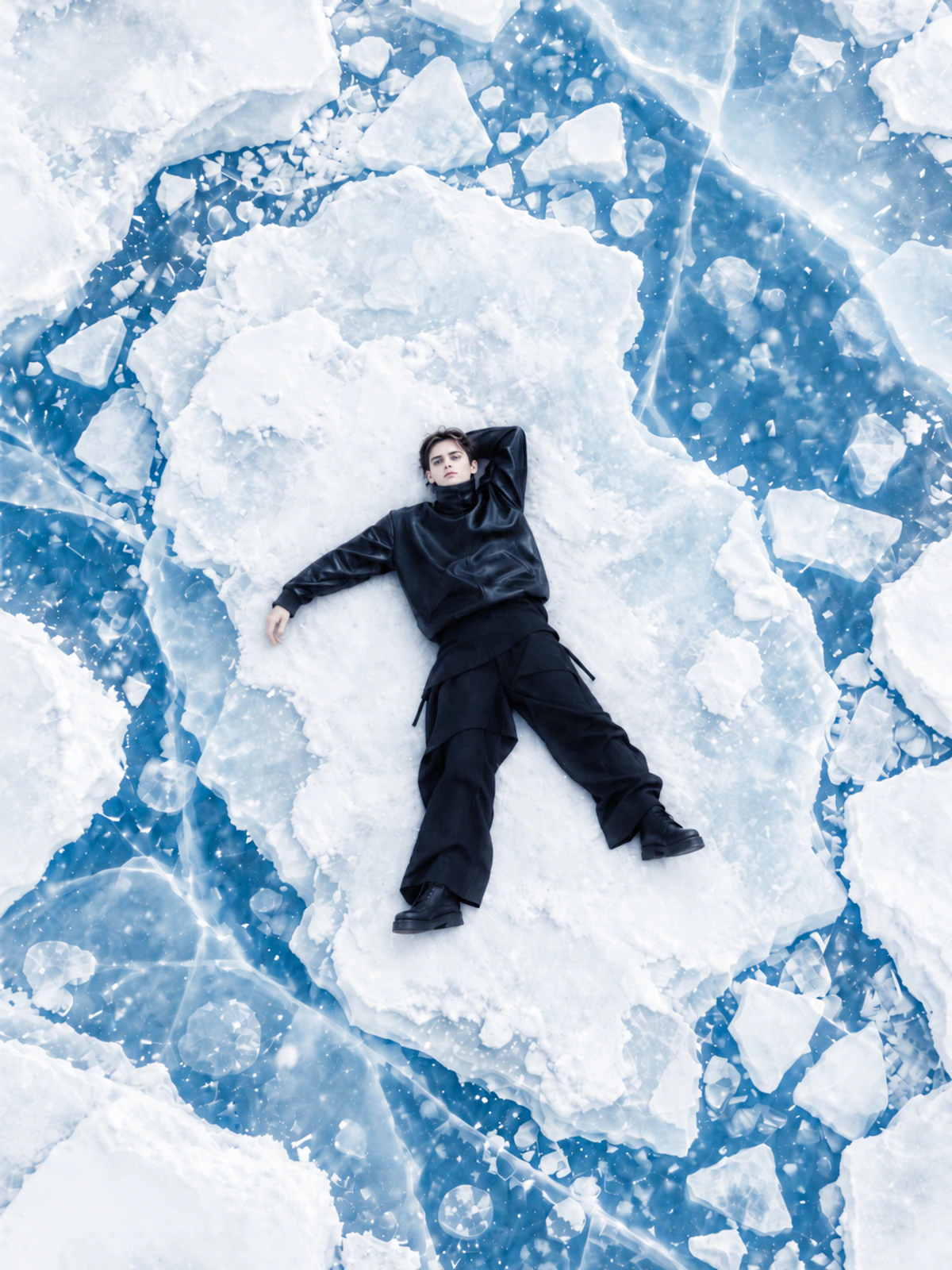 A figure in black reclining on a floating field of ice